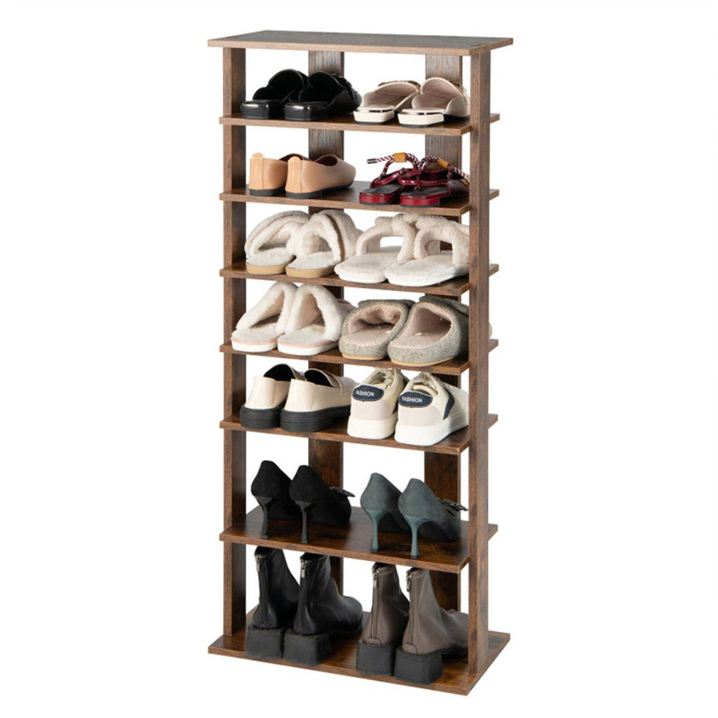 7-Tier Double-Row Shoe Rack with Adjustable Shelves, Anti-Tipping Narrow Storage Rack for Entryway Closet-Rustic Brown
