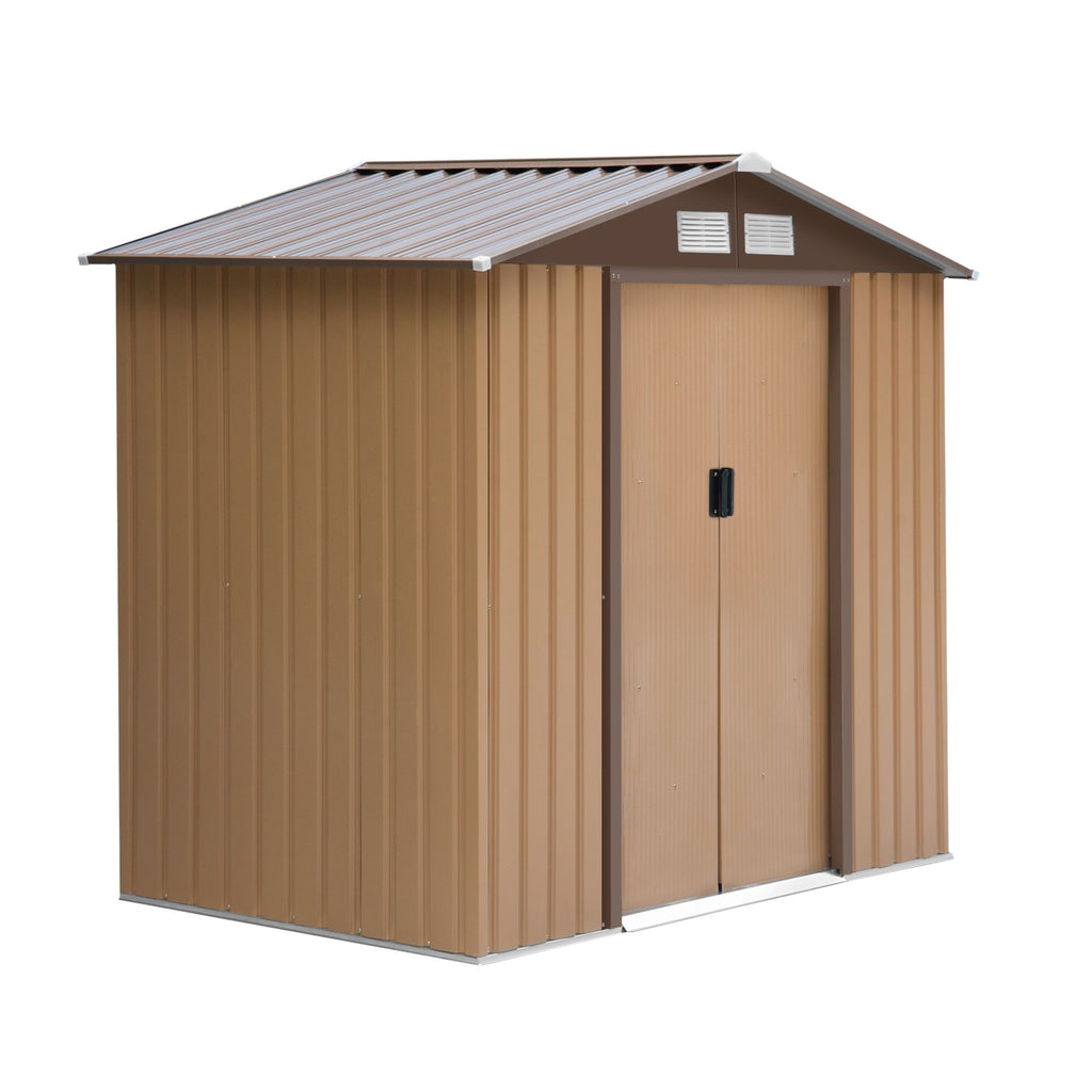 7' x 4' Outdoor Storage Shed, Garden Tool House w/ Foundation Kit Vents & Sliding Doors for Backyard Patio, Brown