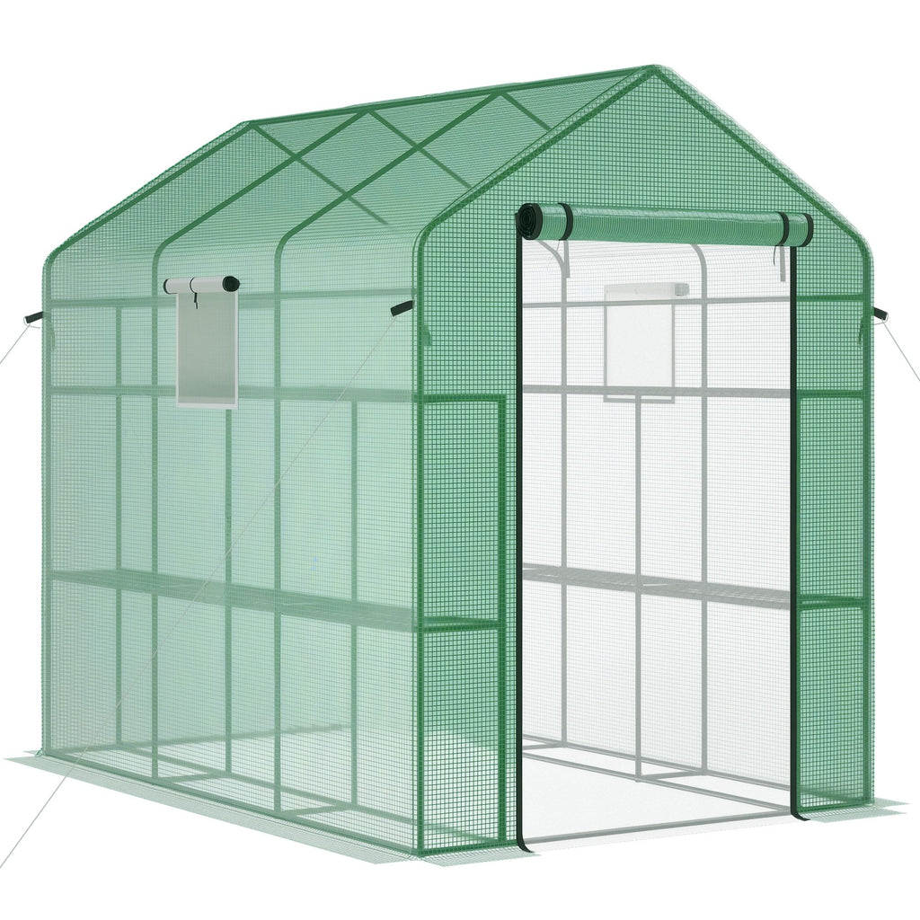 7' x 5' x 6' Walk-in Greenhouse for Outdoors with Mesh Door and Windows, 18 Shelf Hot House with Trellis, Plant Labels, UV Protective for Growing Flowers, Herbs, Vegetables, Saplings, Green