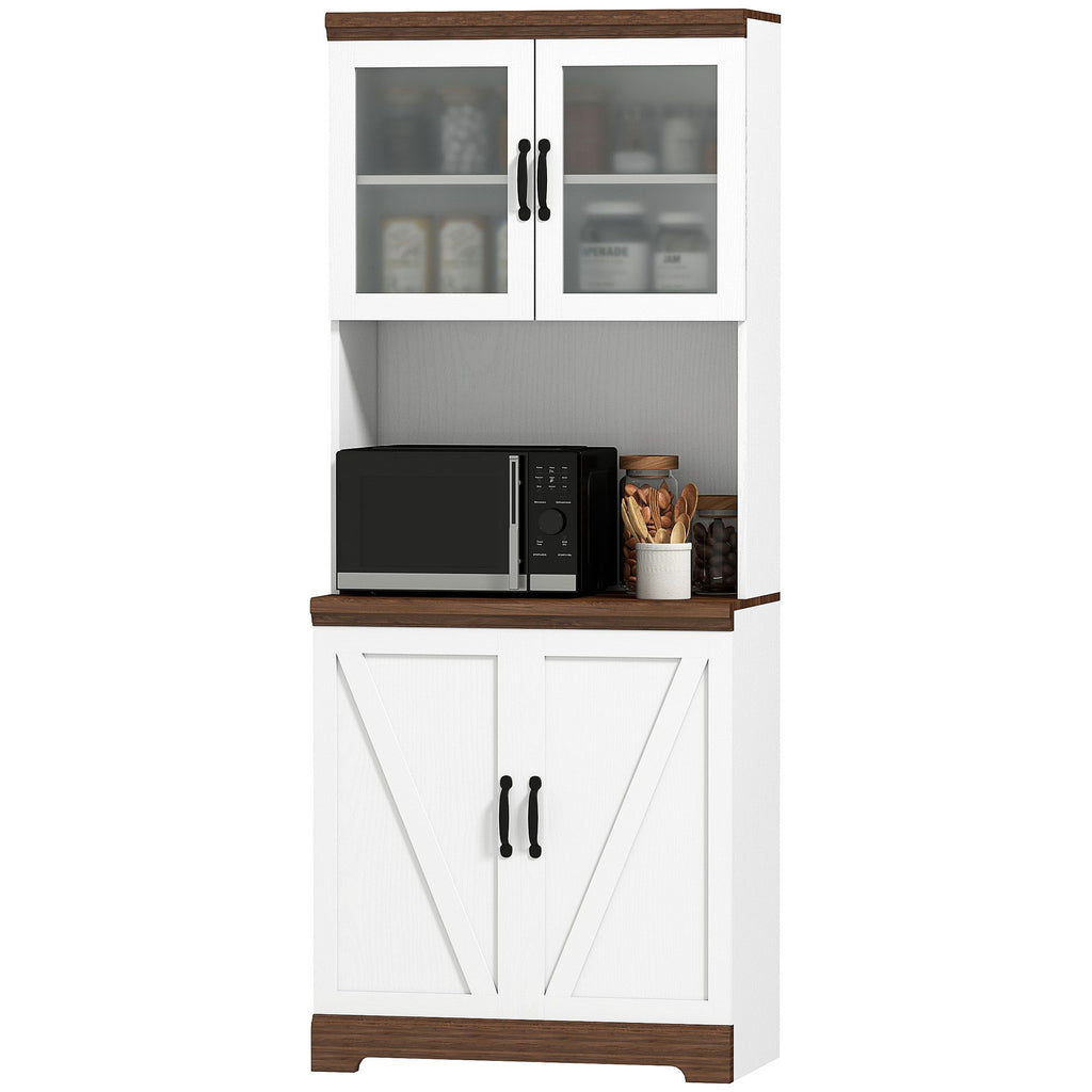 70" Farmhouse Pantry Cabinet, Kitchen Hutch Storage Cabinet with Glass Doors, Adjustable Shelves, Open Microwave Countertop, White