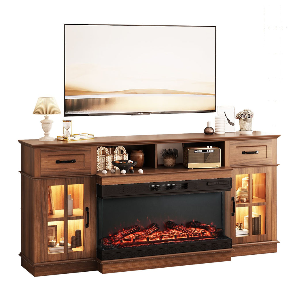 70-inch Deep Walnut Media Console with Lattice Glass - 2 Doors, 2 Drawers & Shelf for 36" 3-Sided Fireplace Insert