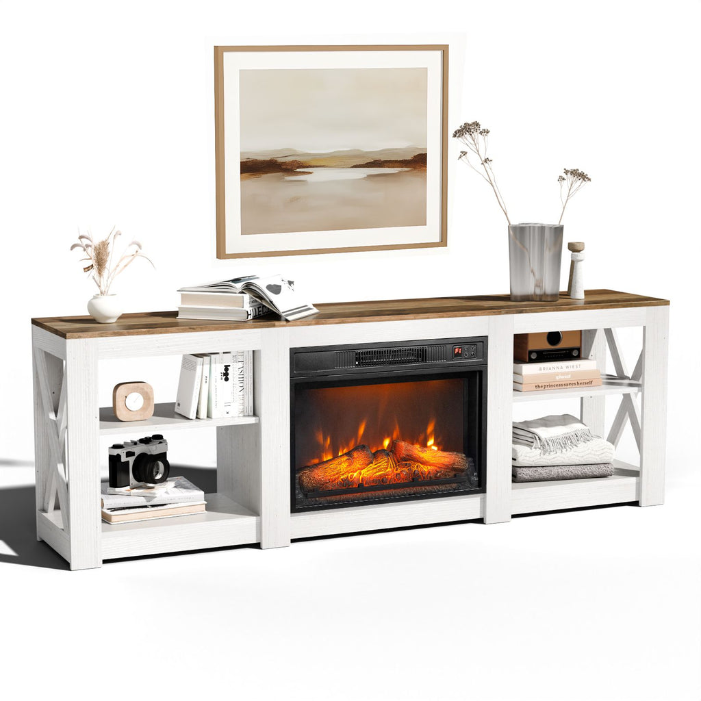 70-inch washable white cabinet + brown countertop double-sided cross-fireplace cabinet 177.8*34.5*60cm 23-inch fireplace core