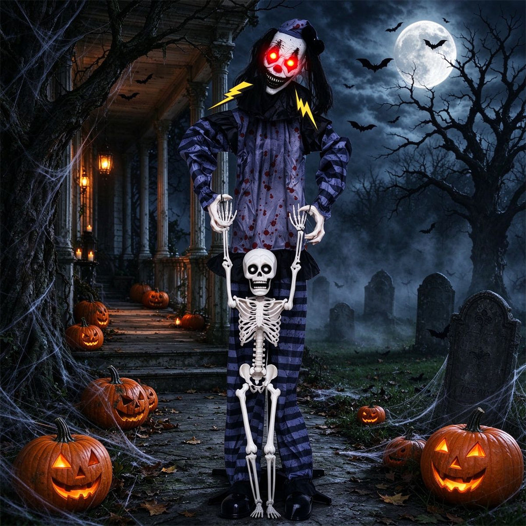 70" Life Size Animated Halloween Clown Prop with Lifted Skeleton, Glowing Red Eyes, Sound & Button Activated Scary Animatronic for Yard Porch Haunted House