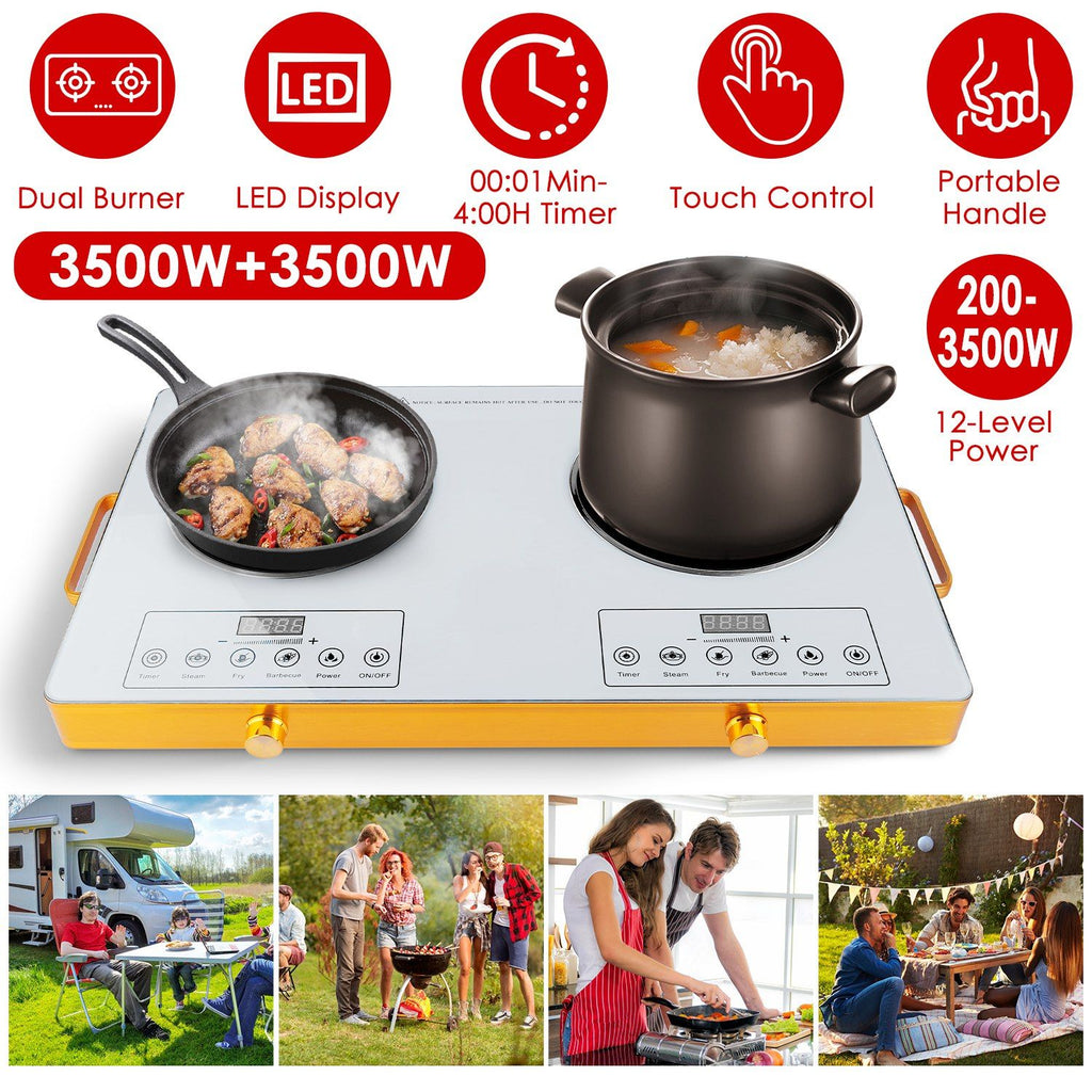 7000W Double Burner Electric Cooktop 110V, 2x3500W Rapid Heating Hot Plate with 4 Preset Modes (Steam/Fry/Barbecue/Power), 11-Level Power Control, Portable Handles & Easy-Clean Glass Surface, Fit All