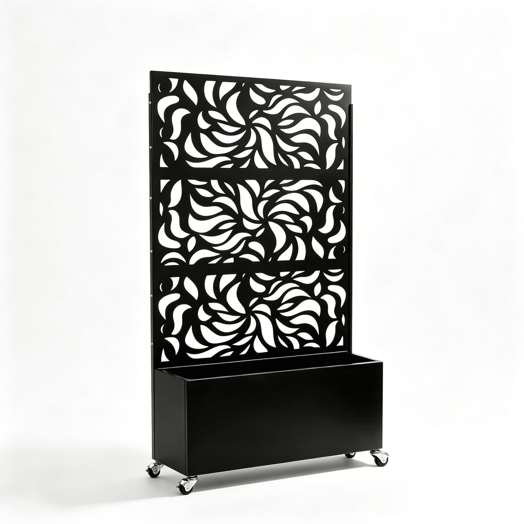 70.87" H 46.06" W Leaf Pattern Privacy Screen with Planter Box, Black Metal Freestanding Decorative Fence Planter for Patio Balcony Backyard
