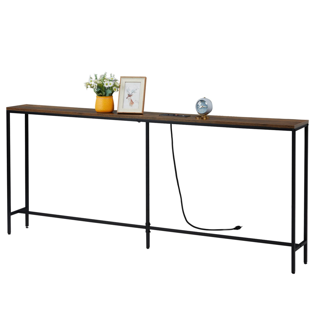 70.9 inch Narrow Long Console Table with 2 Power Outlets & USB Ports, Narrow Entryway Table Sofa Table Behind Couch for Living Room, Rustic Brown