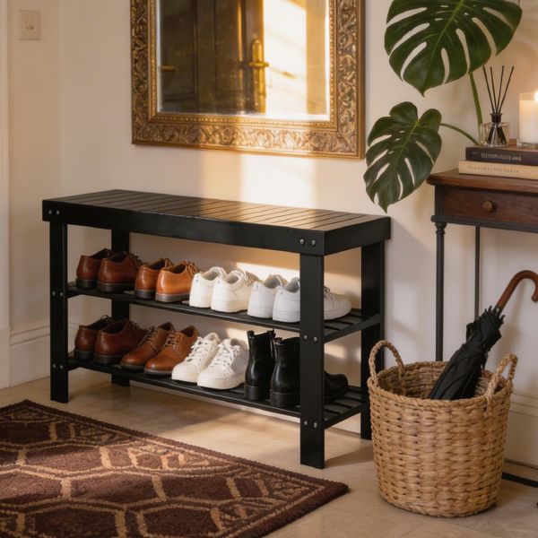 70cm long, 3-layer seamless bamboo shoe rack (70*28*45cm) - Black