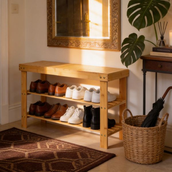70cm long, 3-layer seamless bamboo shoe rack (70*28*45cm), natural wood
