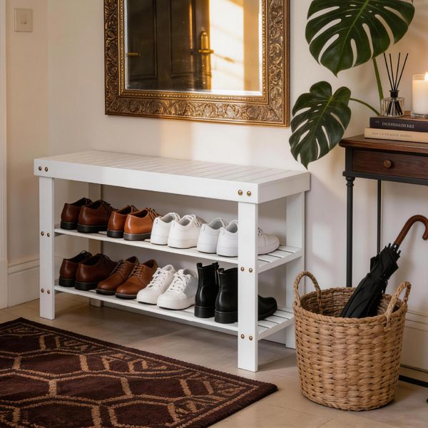 70cm long, 3-layer seamless bamboo shoe rack (70*28*45cm), white