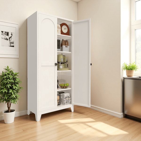 71'' 2 Shapely Doors Cabinet, Metal Storage Cabinet with Doors and Adjustable Shelves, for Bedroom, Living Room, Kitchen(White)