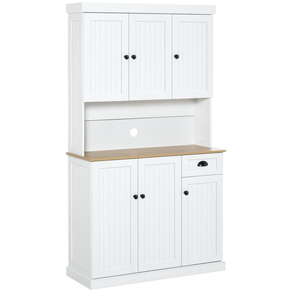 71" Buffet with Hutch, Modern Kitchen Pantry Cabinet Storage with Microwave Oven Countertop, Drawer and Cupboard, White