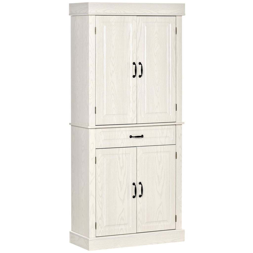 71" Freestanding Kitchen Pantry with 4 Doors and 2 Large Cabinets, Tall Storage Cabinet with Drawer, Distressed White