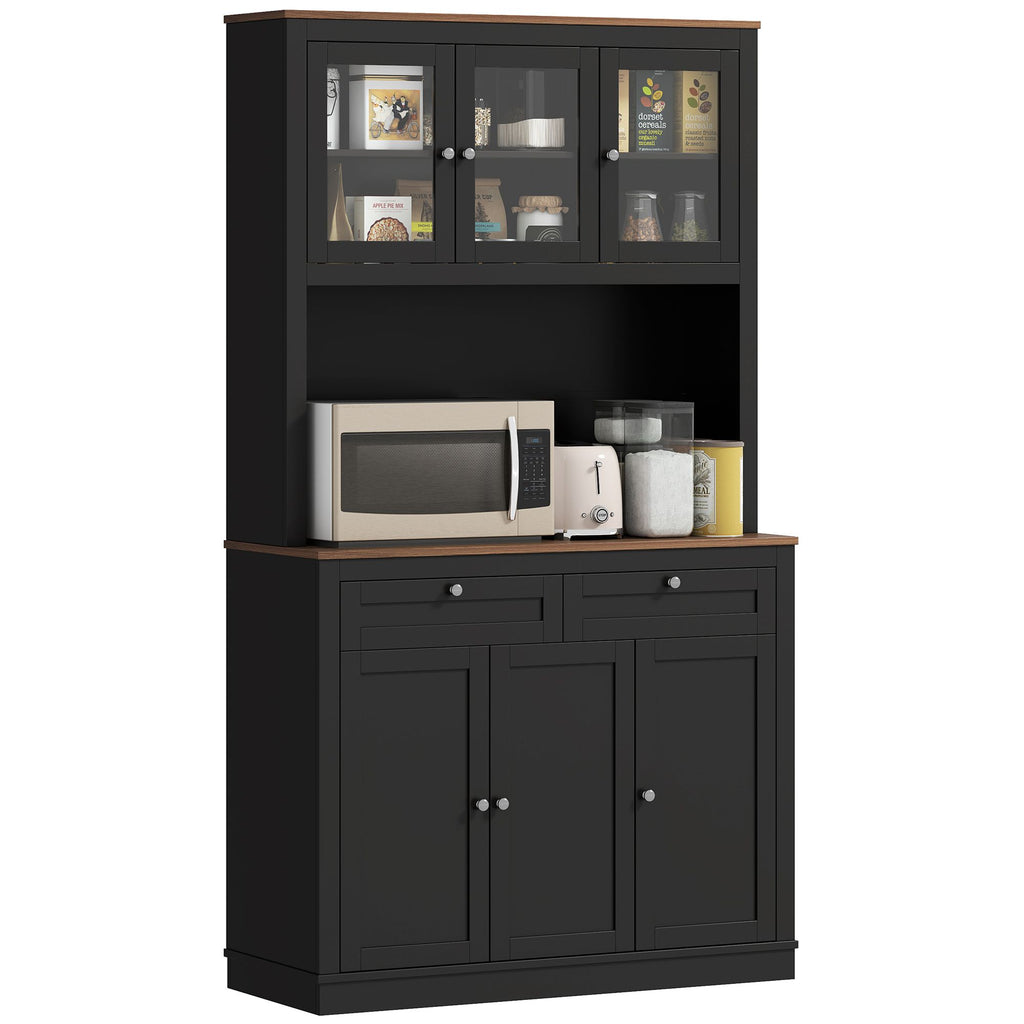 71" Kitchen Pantry Cabinet with Microwave Stand, Kitchen Hutch with 2 Drawers and Adjustable Shelves, Black
