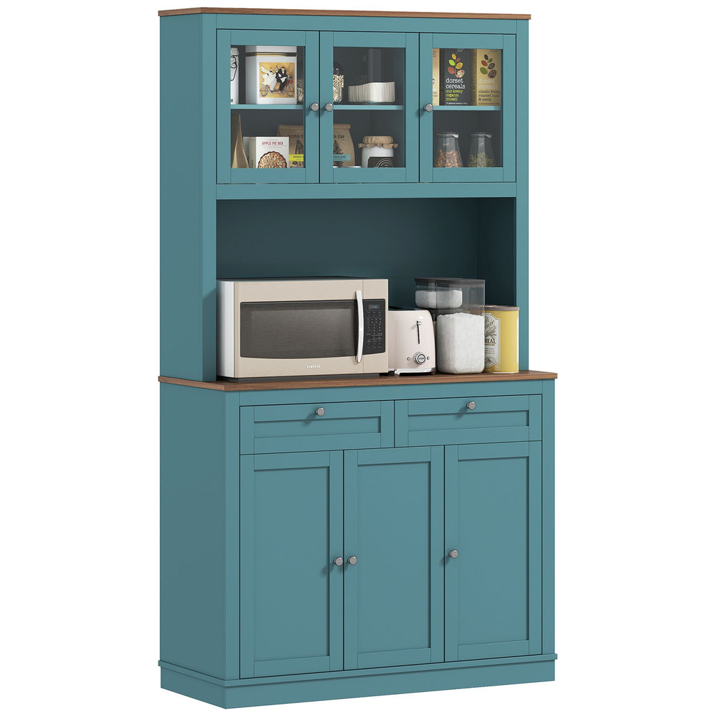 71" Kitchen Pantry Cabinet with Microwave Stand, Kitchen Hutch with 2 Drawers and Adjustable Shelves, Green