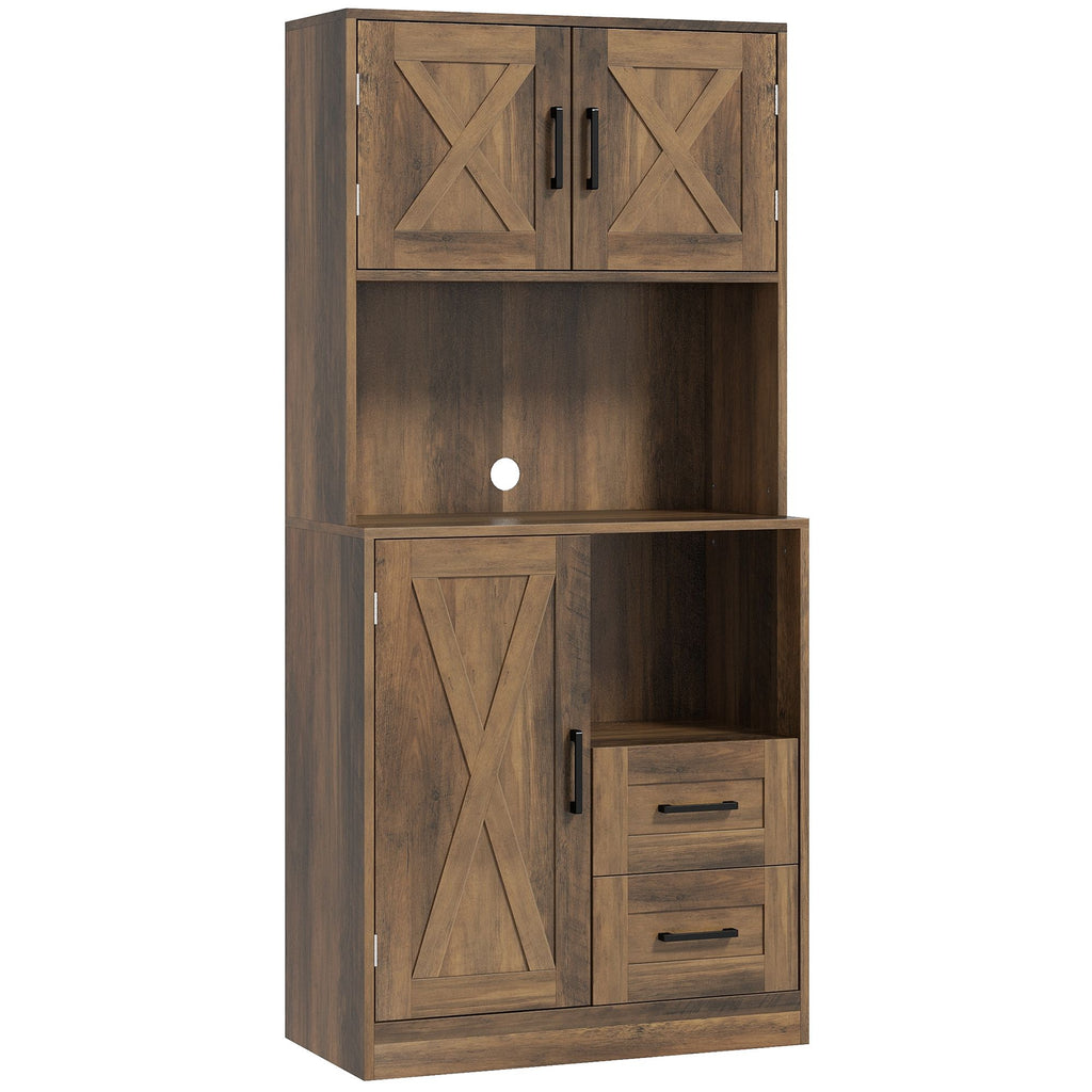 71" Kitchen Pantry Storage Cabinet, Farmhouse Kitchen Hutch with Microwave Oven Countertop, Adjustable Shelves, Brown