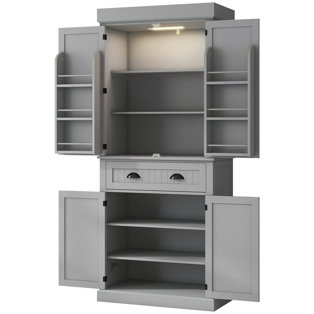 71" Kitchen Pantry Storage Cabinet with LED Lights, 6 Door Shelves, a Drawer and 4 Adjustable Shelves, Gray