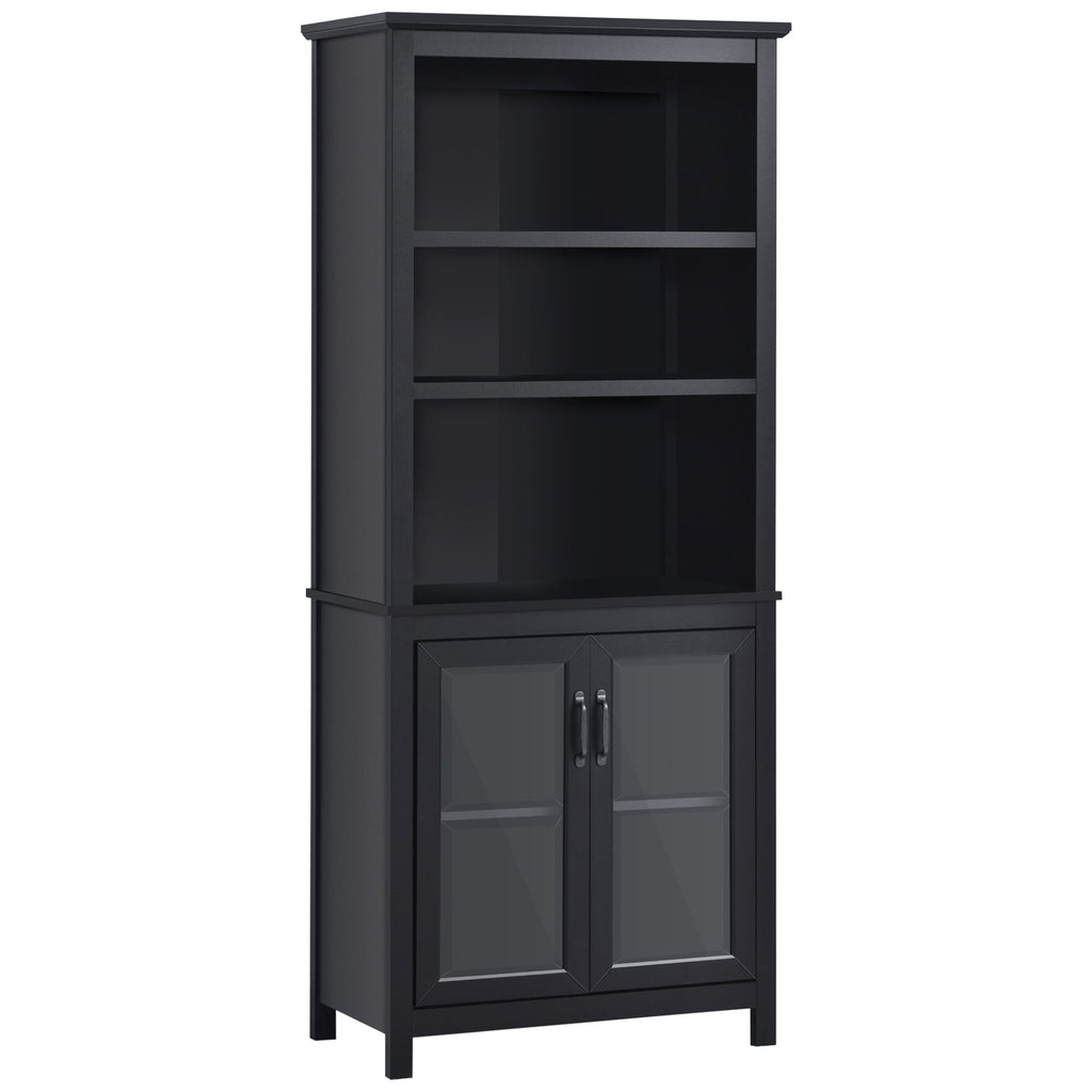 71" Tall Bookcase Hutch Cabinet with Adjustable Shelves Glass Doors for Office Kitchen Living Room Storage Black