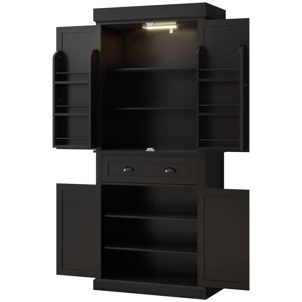 71" Tall Pantry Cabinet, Kitchen Storage w/ LED Lights, Drower & Adjustable Shelves, Freestanding Pantry for Dining, Black