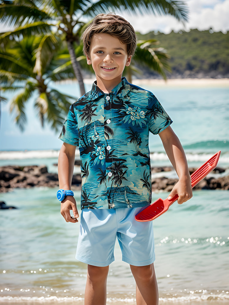 Boy's Trendy Hawaii Shirt Casual Short Sleeve Front Button Summer Clothing