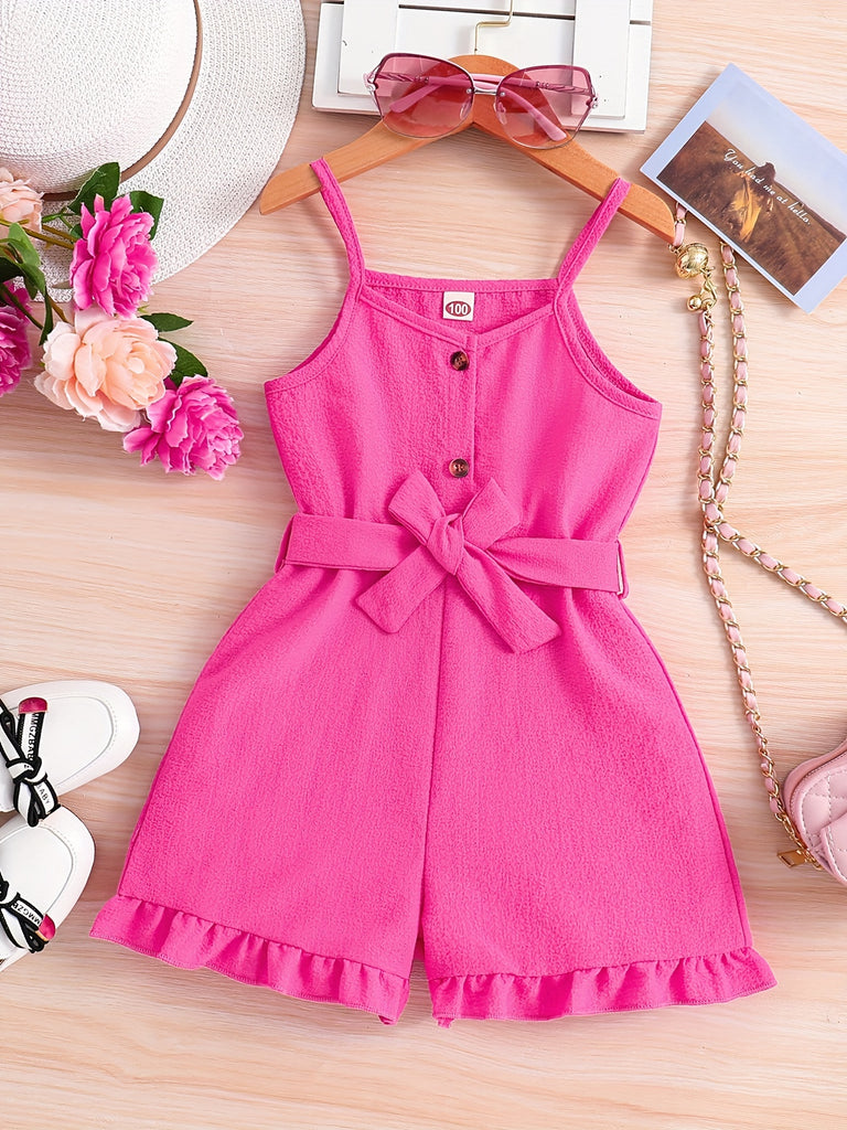 Girls Adorable Ruffle Cami Romper Shorts with Chic Button Front & Adjustable Straps - Flirty Belted Waist for a Stylish, Comfortable Playtime Look