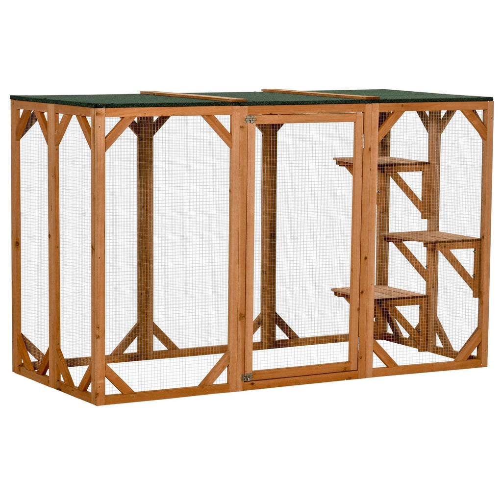 71"L Wooden Outdoor Cat Enclosure Indoor Cat Cage with Asphalt Roof, Multi-Level Platforms and Large Enter Door , Orange