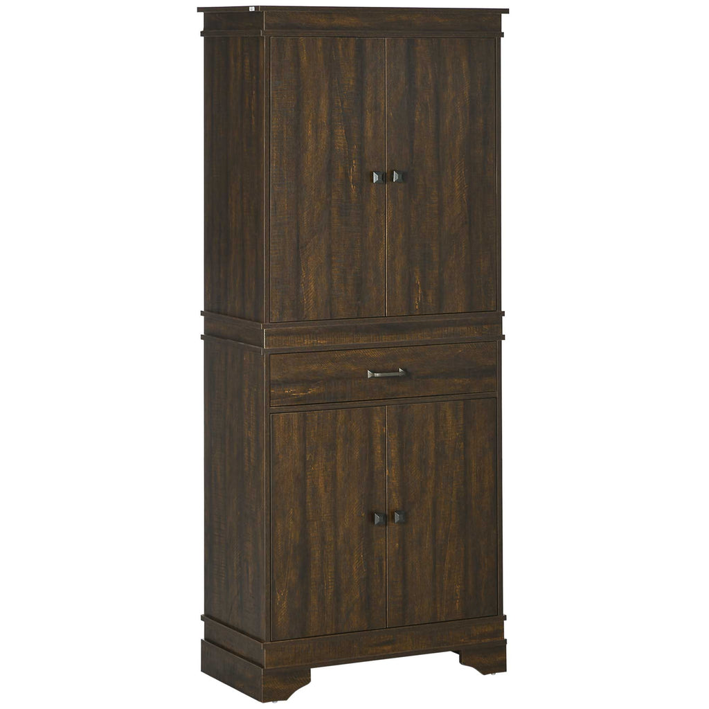 72" Farmhouse Pantry Cabinet Walnut 4-Door Kitchen Storage with Drawer Shelves