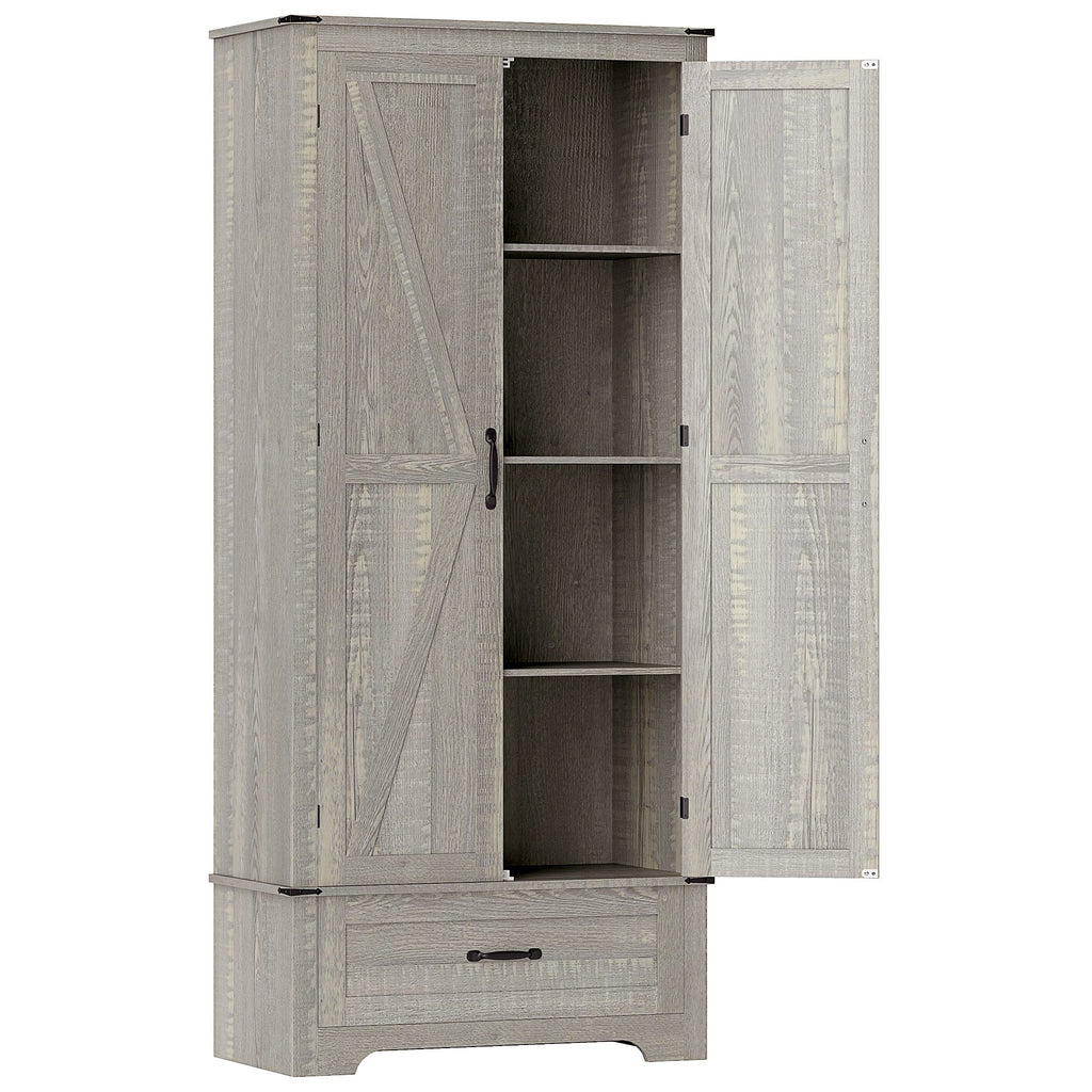 72" Farmhouse Pantry Cabinet with Adjustable Shelves, Kitchen Pantry Cabinet with 2 Doors, Distressed Light Gray