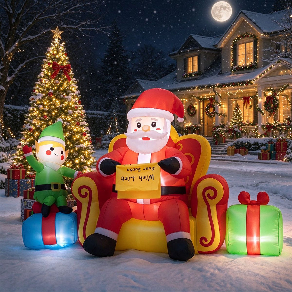 7.2 FT Inflatable Christmas Sitting Santa on Sofa with Elf & Gift Boxes, Built-in LED Lights Blow Up Yard Decoration with Stakes and Ropes