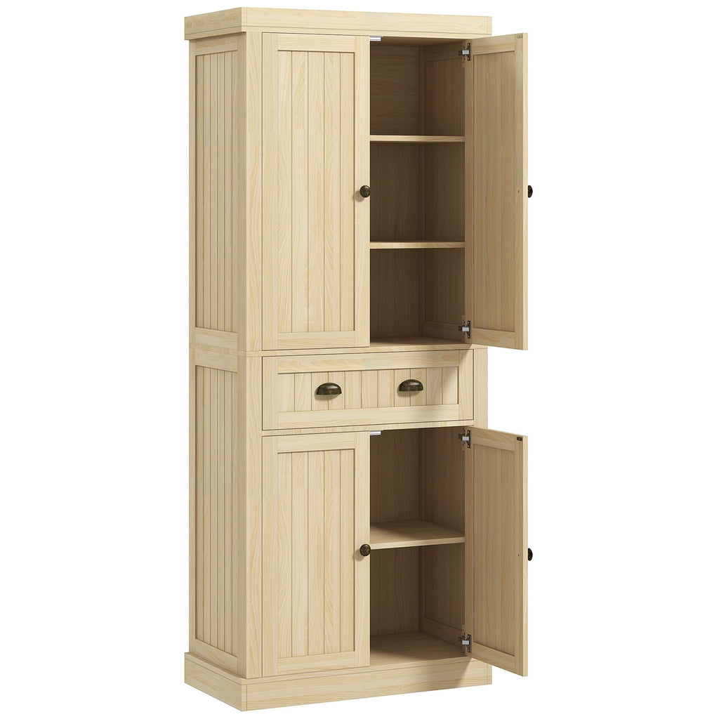72" Kitchen Cabinet, Kitchen Pantry Cabinet with 4 Doors, 2 Adjustable Shelves and Drawer, Nature Wood