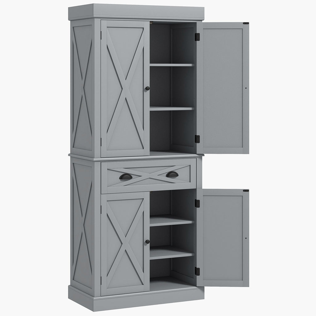 72" Kitchen Cabinet, Pantry Storage Cabinet with 4 Doors and 2 Adjustable Shelves, Large Central Drawer, Gray