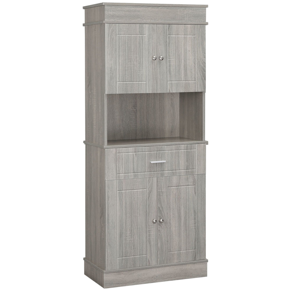 72" Kitchen Hutch Cabinet, Freestanding Pantry Cupboard with Utility Drawer, 2 Door Cabinets and Countertop, Gray Wood Grain