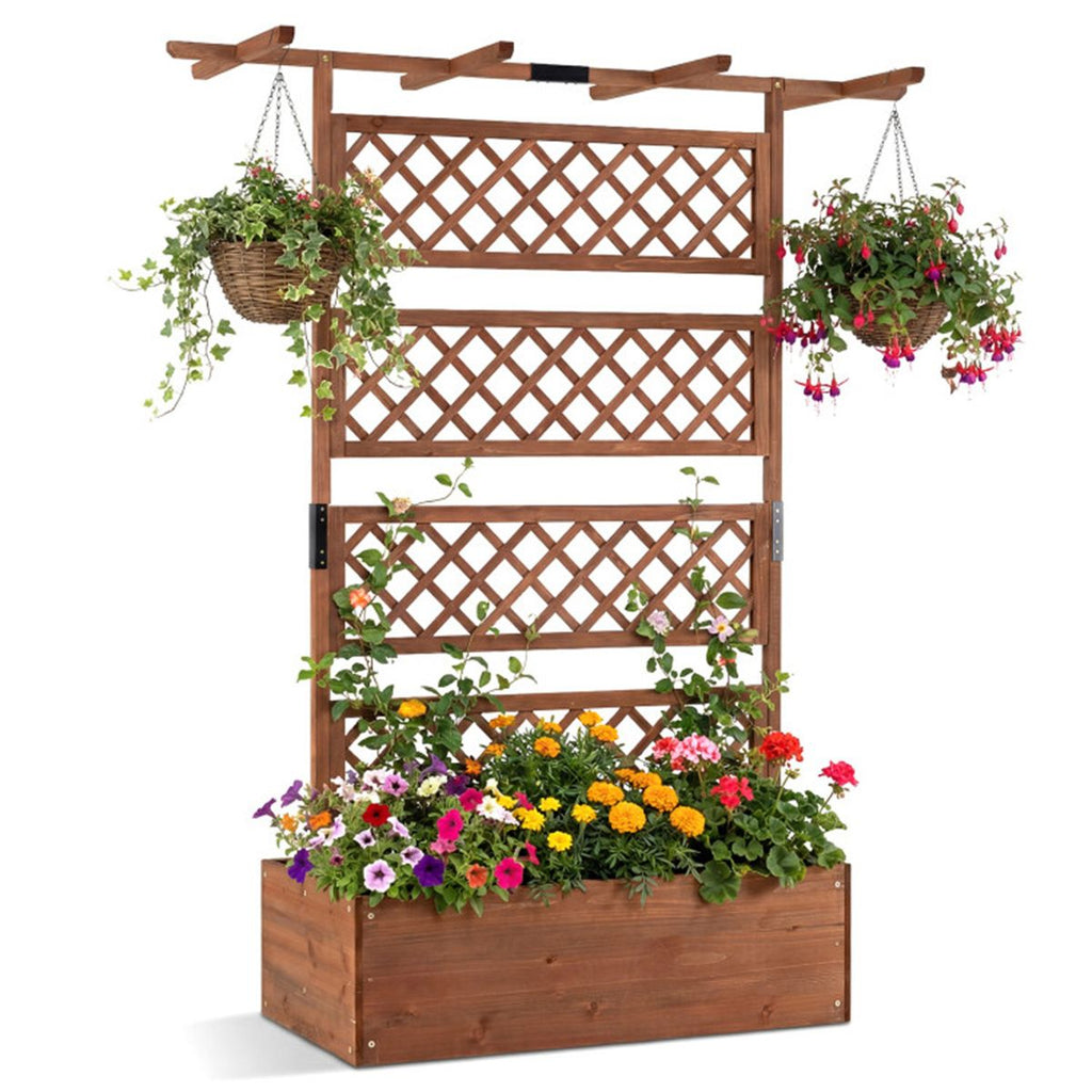 72" Raised Garden Bed with Lattice Trellis, 4.8 Cu.Ft Fir Wood Planter Box with Drainage Holes for Climbing Plants Vegetables - Brown