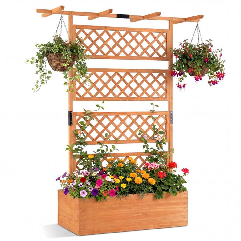 72" Raised Garden Bed with Lattice Trellis, 4.8 Cu.Ft Fir Wood Planter Box with Drainage Holes for Climbing Plants Vegetables - Orange