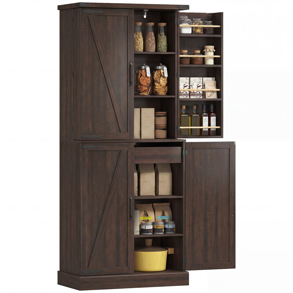 72" Tall Kitchen Pantry Cabinet, Farmhouse Storage Cabinet with 8 Door Racks and Adjustable Shelves, Distressed Brown