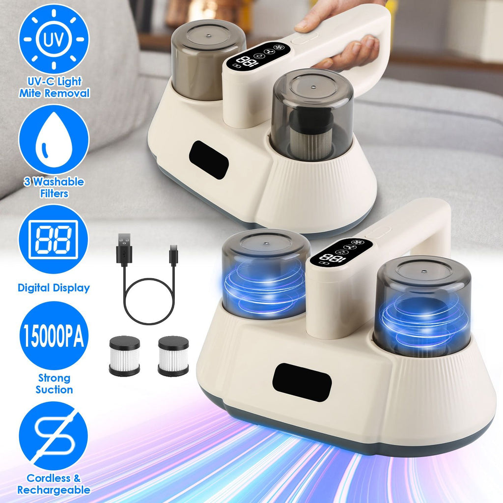 72000 Times/Min Tapping Mattress Vacuum Cleaner with UV-C Sanitizing Light, 9000PA & 15000PA Dual Suction Cordless Dust Mite Remover with Double Dust Cup
