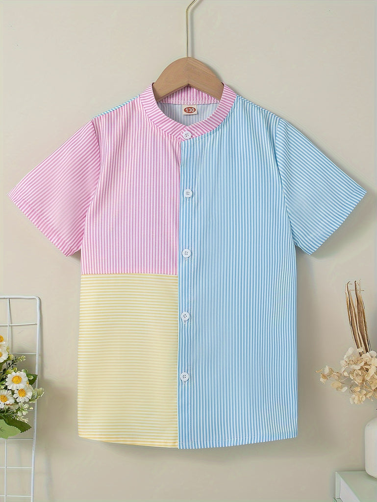 Boys Vibrant Striped Shirt - Trendy & Imaginative Design - Comfortable Short Sleeve Tops for Fun Summer Outings