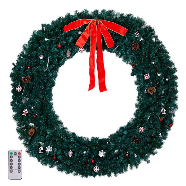 72in Pre-lit Christmas Wreath, Lighted Artificial Xmas Wreath with 300 Warm White Lights and 1200 PVC Tips and DIY Ornaments, for Front Door Gate Wall Xmas Party Decorations, Green