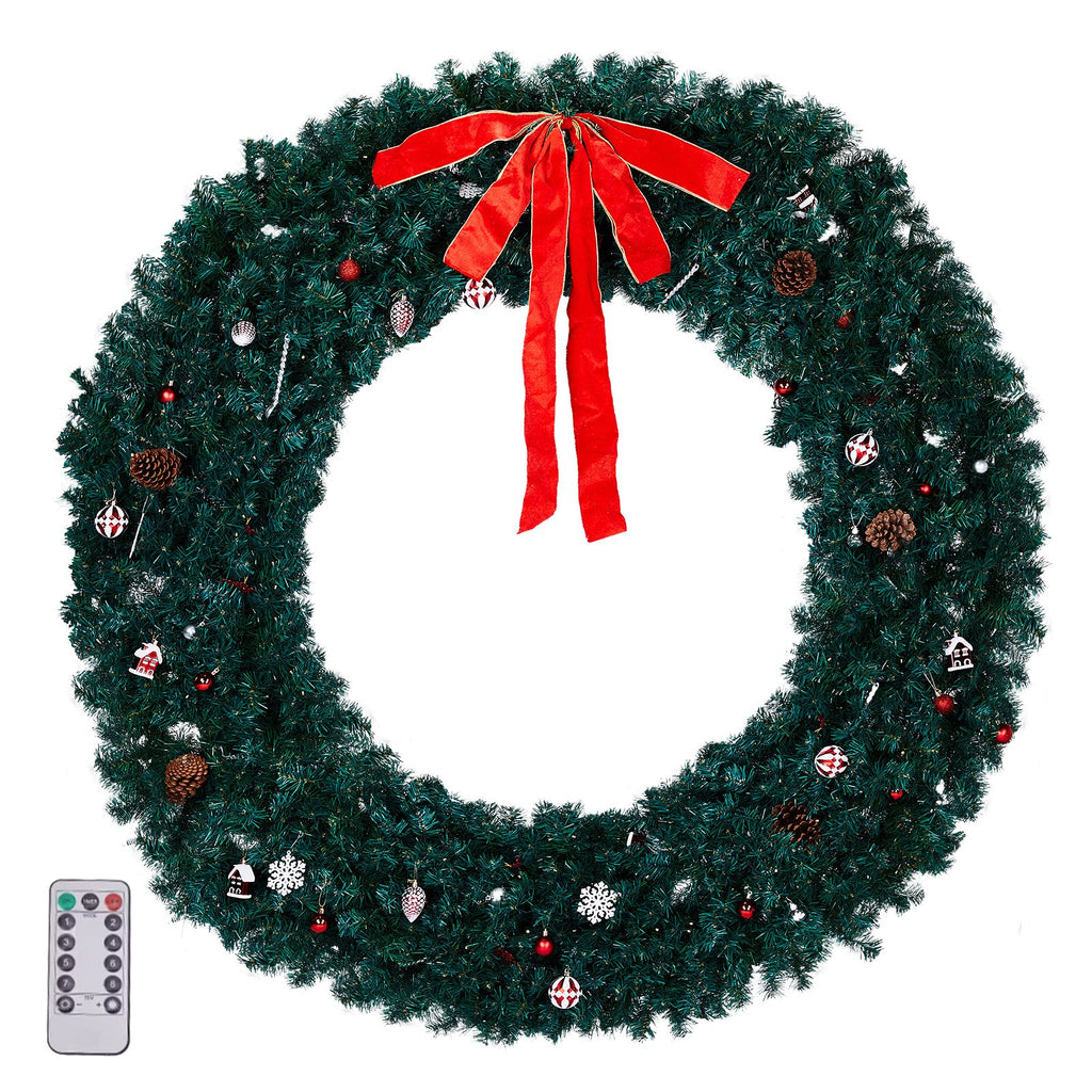 72in Pre-lit Christmas Wreath, Lighted Artificial Xmas Wreath with 300 Warm White Lights and 1200 PVC Tips and DIY Ornaments, for Front Door Gate Wall Xmas Party Decorations, Green