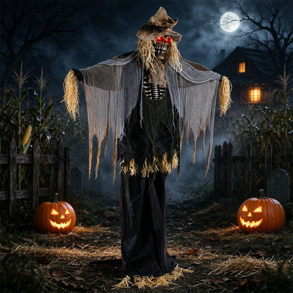 7.3 FT Halloween Animatronic Scarecrow Prop, Sound Activated with Glowing Eyes & Shaking Head, Poseable Arms Life Size Animated Decoration for Yard Haunted House