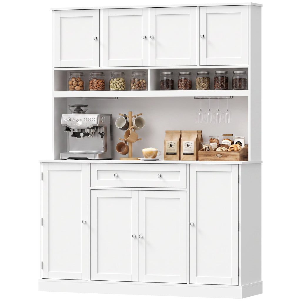 73" Pantry Cabinet with Charging Station, 55" Wide Kitchen Pantry with Microwave Stand, White