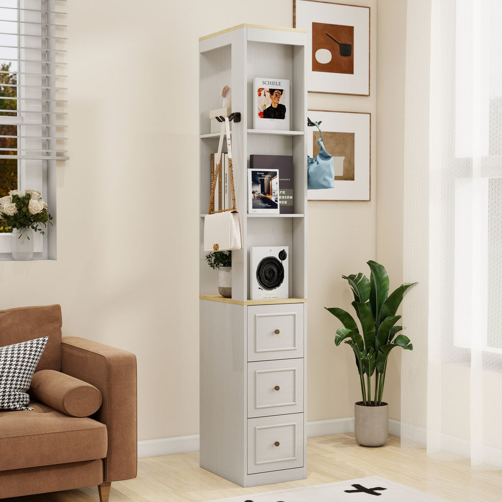 73" Tall Slim Storage Cabinet, 3-Tier Media Storage Cabinet with 3 Drawers and 2 Hooks, Bookcase Display Storage Shelves, Cube CD, DVD, game console Storage Cabinet-Antique White