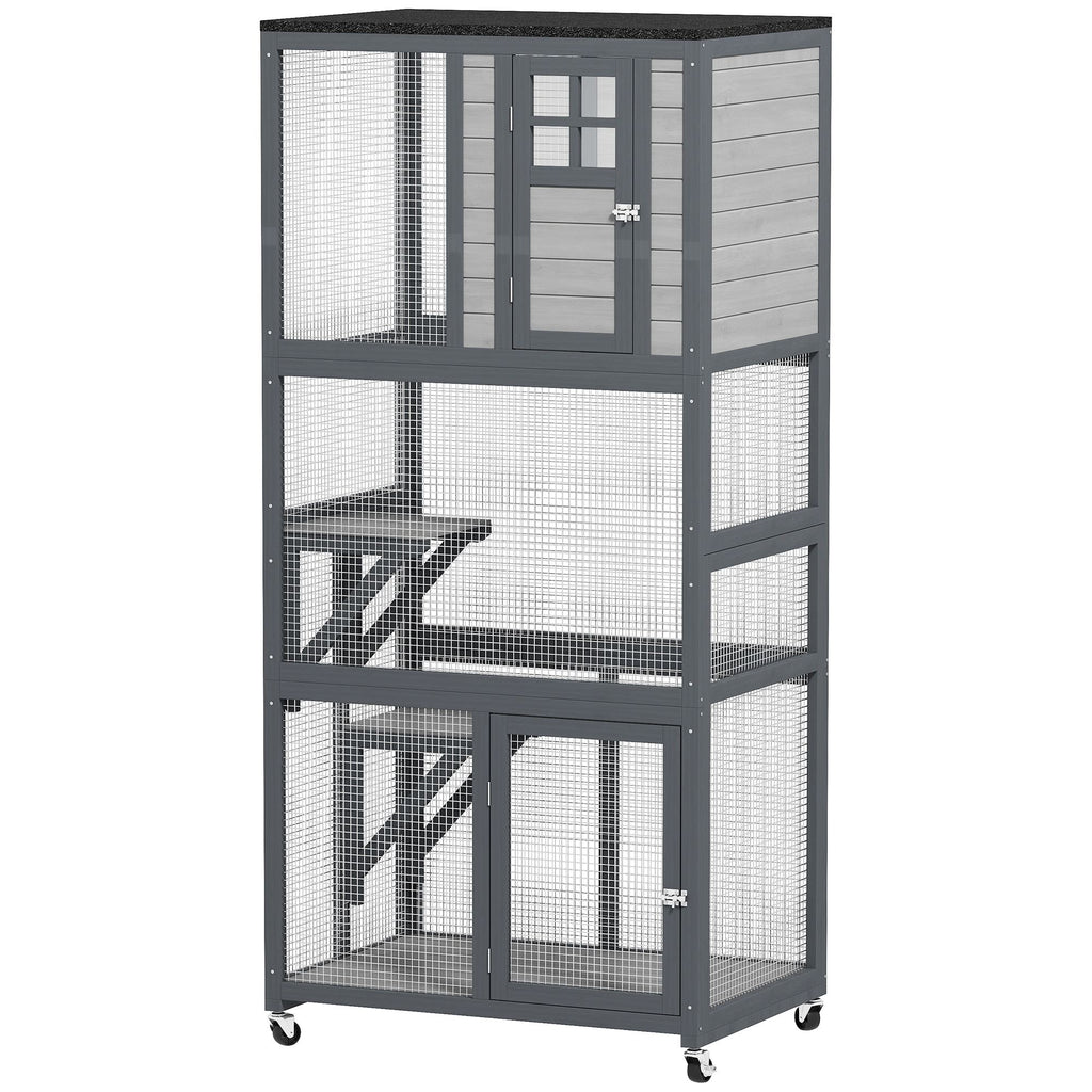 74" Wooden Outdoor Cat House Catio with High Weight Capacity, Cat Cage Condo, Light Gray