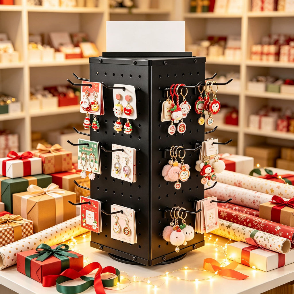 7.4 x 7.4 x 17 in Rotating Pegboard Display Stand, 4-Sided Spinning Retail Organizer with 24 Hooks for Grocery & Jewelry Shop