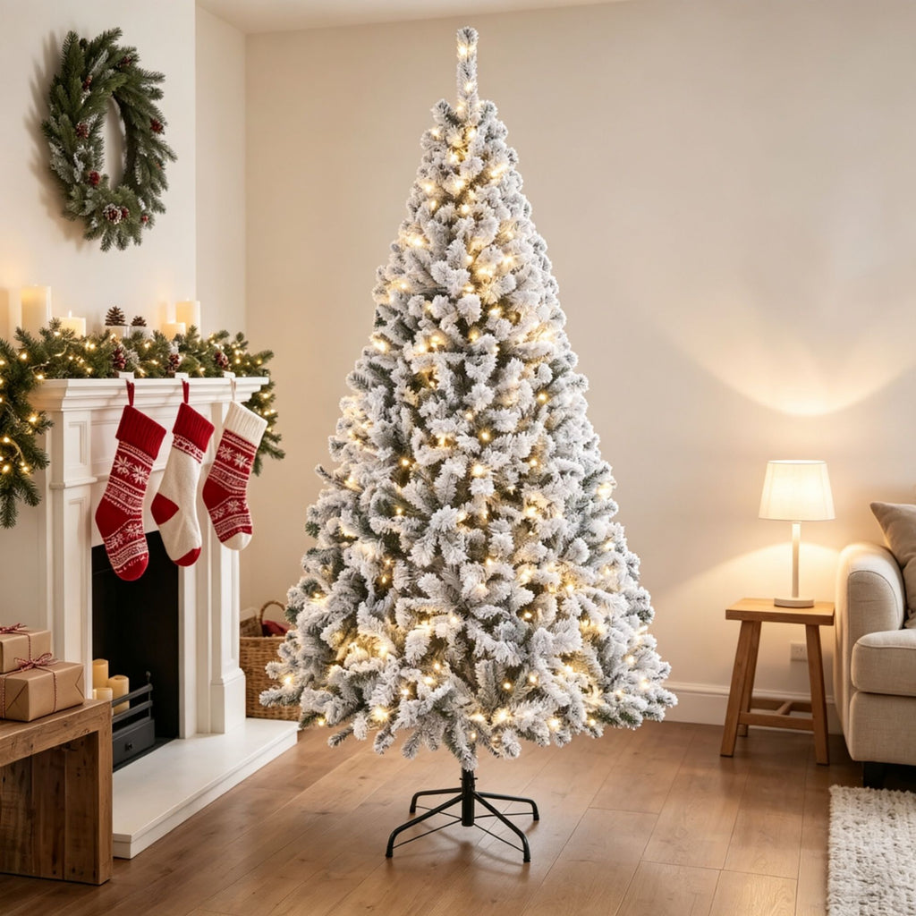 7.5 Foot Flocked Fir Christmas Tree Pre Lit Hinged Xmas Tree with LEDs Foldable Metal Base Green White