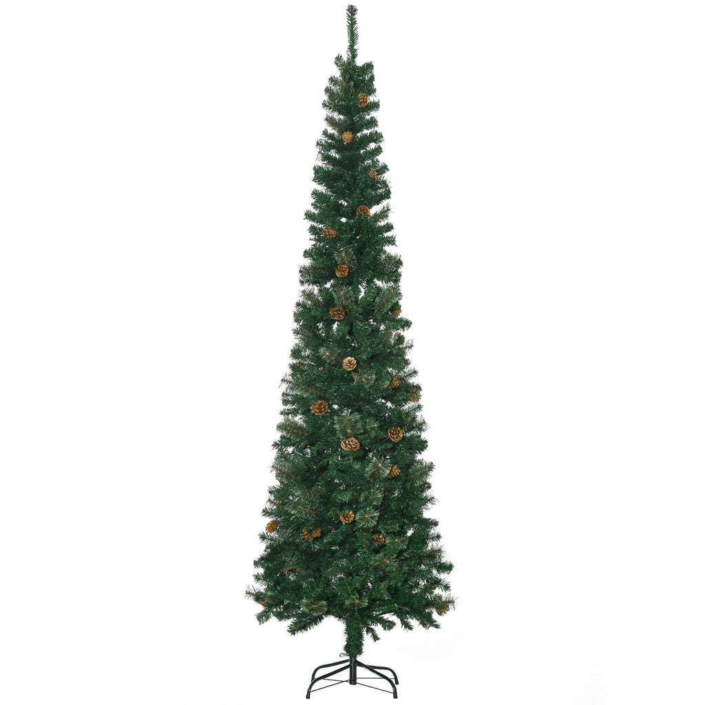 7.5 Foot Pencil Artificial Christmas Tree, Slim Pine Needles Xmas Tree with Realistic Branches, Pine Cones, Metal Base, Green