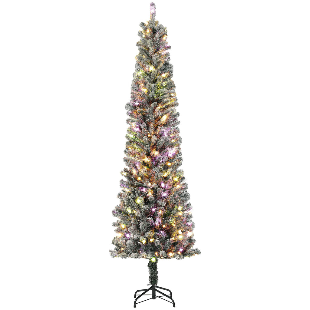 7.5 ft Pencil Christmas Tree, Pre-Lit Flocked Xmas Tree with Dual Color LED Lights, 519 Tips and Metal Stand, Green