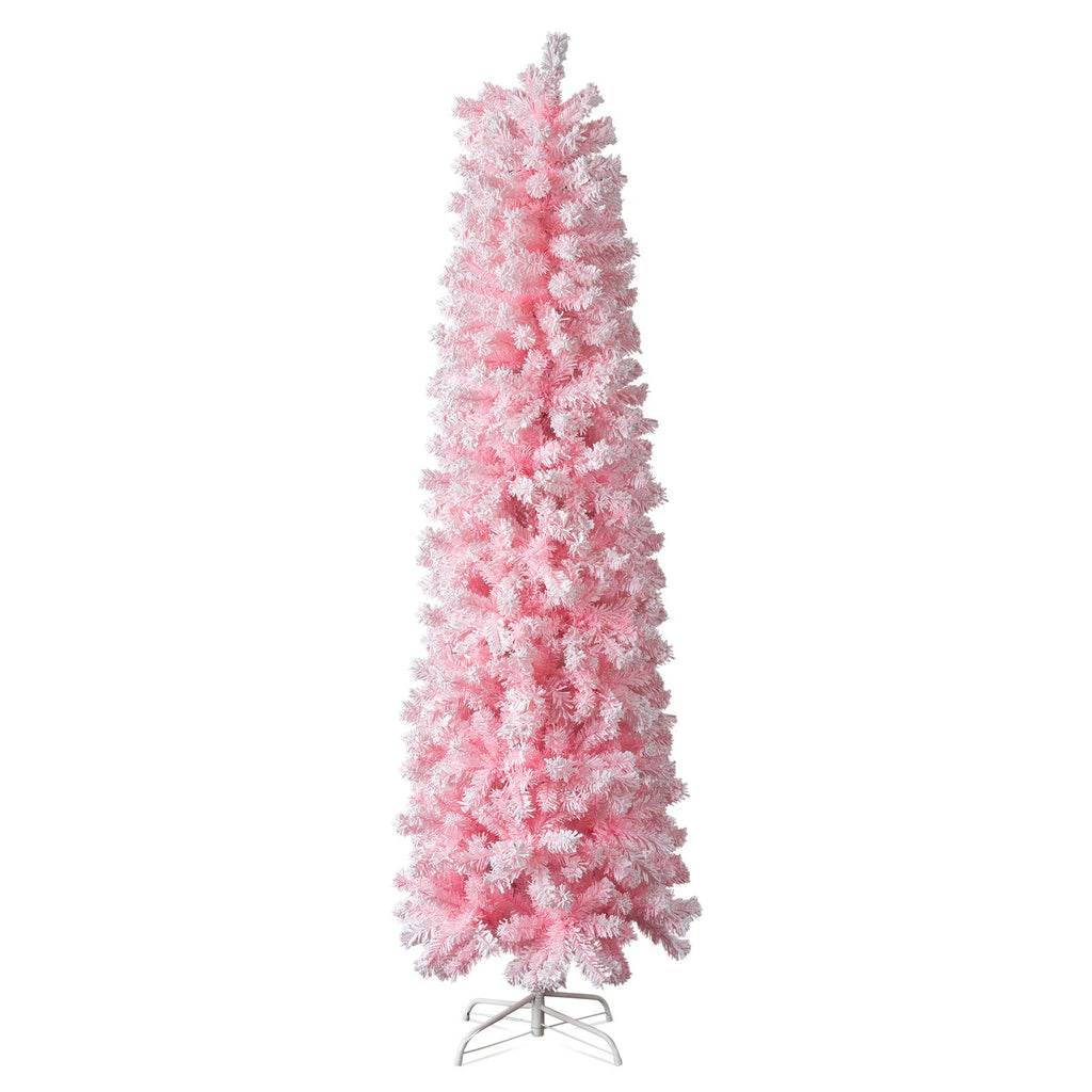 7.5 FT Snow Flocked Hinged Christmas Tree, Artificial Pencil Christmas Tree, Unlit Artificial Christmas Pine Tree with 641 Branch Tips and Sturdy Stand, Pink