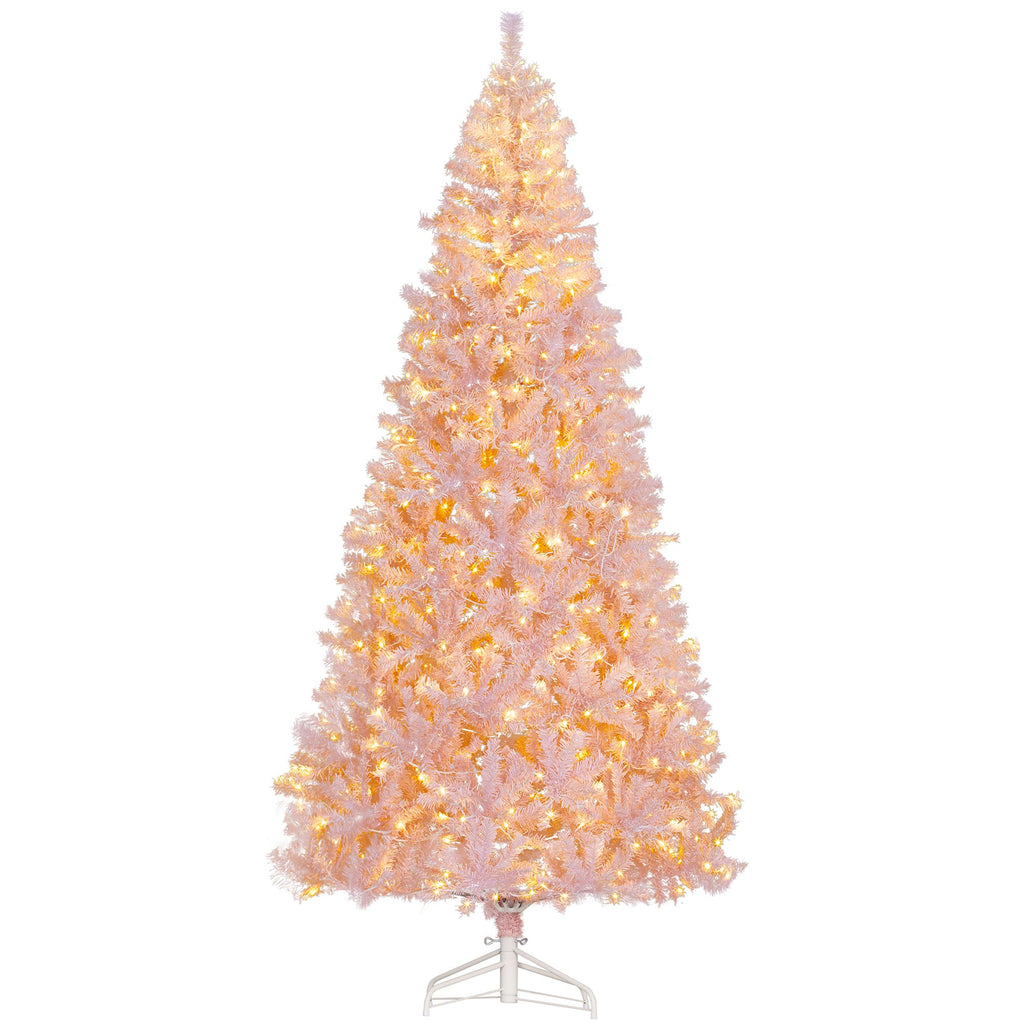 7.5 FT Tall Pre Lit Christmas Tree, Flocked Artificial Tress w/ 500 Warm White LED Lights & 1346 Tips for Party, Pink