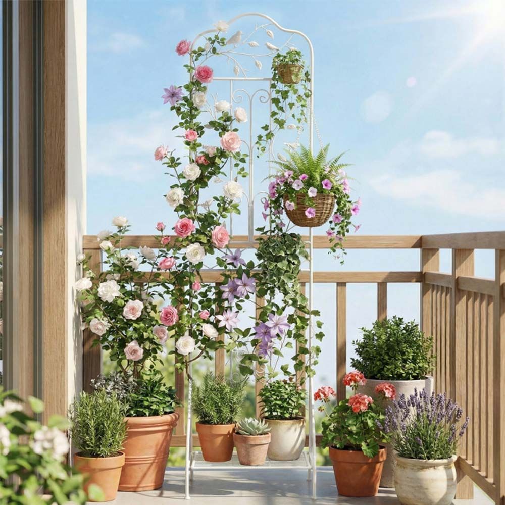 75 x 20 Inch Outdoor Metal Garden Trellis with Foldable Bottom Shelf