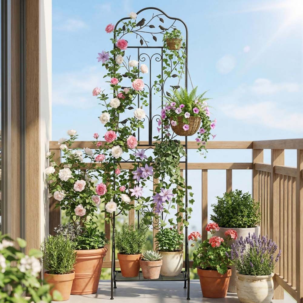 75 x 20 Inch Outdoor Metal Garden Trellis with Foldable Bottom Shelf